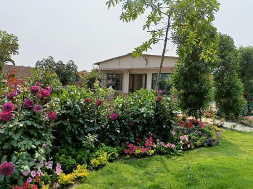 加尔各答Six Seasons Celebrations的一座房子前面的鲜花花园