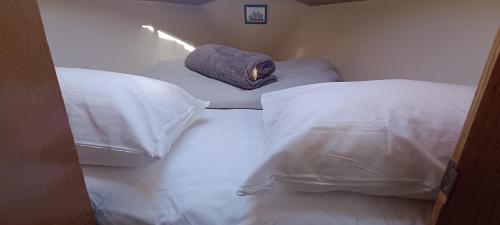 瓦伦西亚Juangie Home的客房设有两张带白色床单和枕头的床。