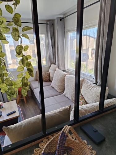 鲁西隆地区卡内Mobil home 3 chambres avec vue sur l'étang - 4*的带沙发和大镜子的客厅