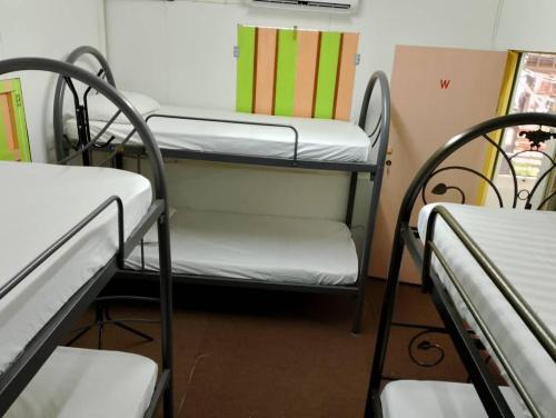 乔治市seaview hostel的带三张双层床和椅子的房间