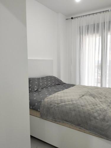 蒂瓦特Tivat Apartman的白色客房的一张床位,设有窗户