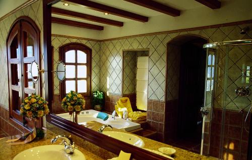塞奥-德乌赫尔HOTEL & SPA El Castell de Ciutat的一间带水槽、浴缸和镜子的浴室