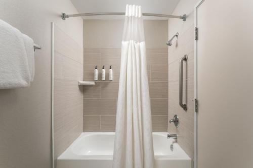 塔拉哈西北塔拉哈西/10号州际公路费尔菲尔德客栈的浴室配有淋浴帘和浴缸。
