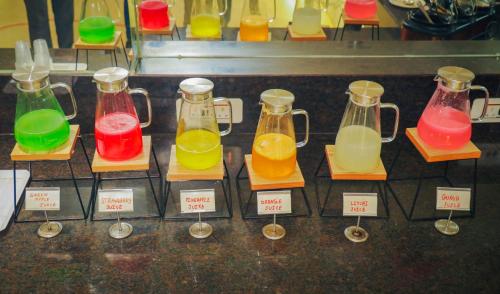 拉杰果德HOTEL EVERLAND的玻璃瓶中不同颜色液体的显示