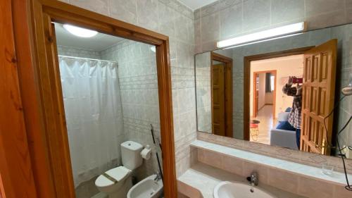 圣马蒂登普里斯Els Vents d'Empúries的一间带水槽、卫生间和镜子的浴室