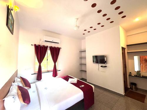 蓬蒂切里De Capital Hotel with Swimming Pool的卧室配有一张带红色窗帘的大型白色床