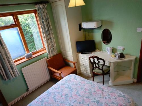 巴特尔Echoes的一间卧室配有一张床、一张书桌和一个窗户。