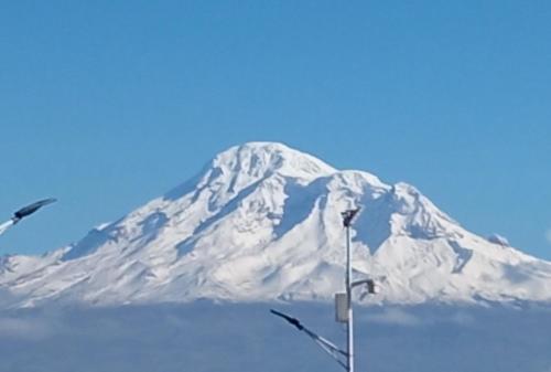 里奥班巴Suite Privada Riobamba的前面有鸟儿的雪覆盖的山