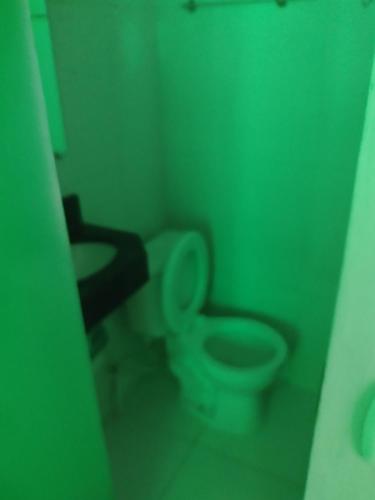 贝伦Kitnet mobiliado的绿色浴室设有卫生间和水槽