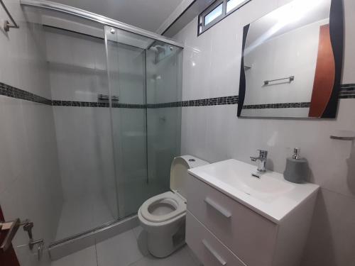 NorcasiaCasa Numbana的带淋浴、卫生间和盥洗盆的浴室