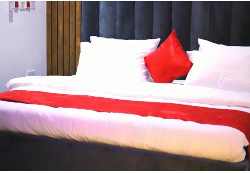阿布贾Empire Suites And Apartment的一张带红色和白色枕头的床