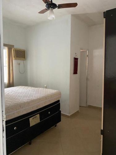 瓜鲁雅Casa Enseada的一间卧室配有一张床和吊扇