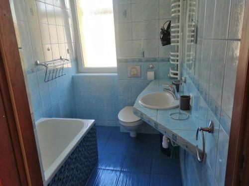 弗罗茨瓦夫Willa Malbork的一间带水槽、浴缸和卫生间的浴室