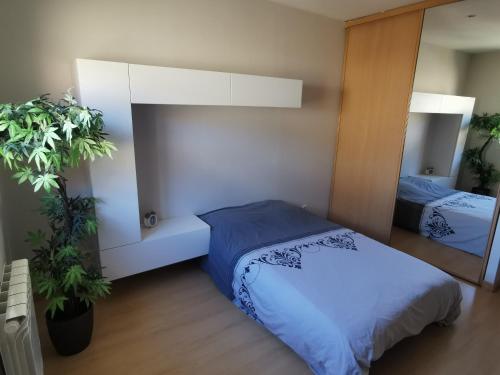 桑畔斯Chambres d'hôtes chez Manon的一间卧室配有一张床和两盆植物