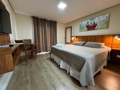 坎波斯杜若尔当Pousada Kaliman Luxo的配有一张床和一张书桌的酒店客房