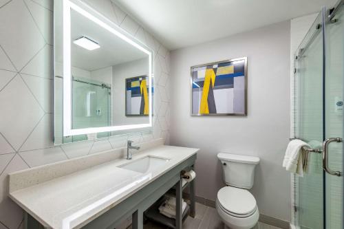 朗维尤朗维尤北部舒适套房酒店的一间带水槽、卫生间和镜子的浴室