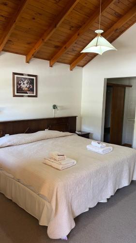 乔斯马拉尔Hostería Don Costa的一间卧室配有一张大床和两条毛巾