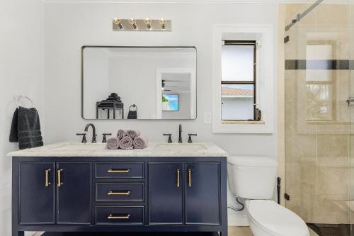 珊瑚角Palmetto Pines Paradise的一间带水槽、卫生间和镜子的浴室