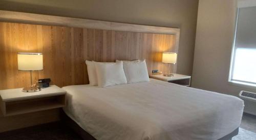 彭德尔顿Radisson Hotel Pendleton Airport的一间卧室配有一张带两盏灯的大型白色床。