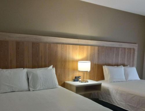 彭德尔顿Radisson Hotel Pendleton Airport的酒店客房设有两张床和一张带台灯的桌子。