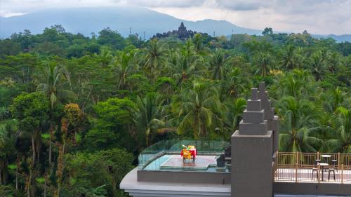 婆罗浮屠Hotel Le Temple Borobudur的享有棕榈树林景色的建筑