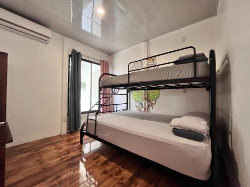 别霍港La Tribu Boutique Hostel for women的一间卧室设有两张双层床,铺有木地板。