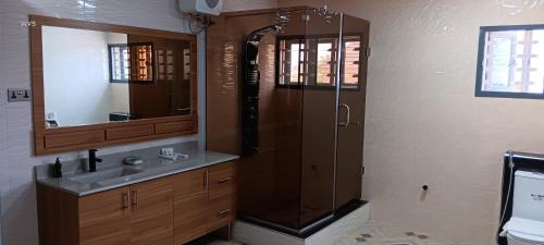 伊巴丹ED&DRE Luxuria Hotel的带淋浴和盥洗盆的浴室