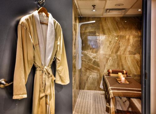 多伦多多伦多国际机场假日酒店的带淋浴和浴袍的浴室