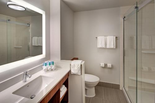 特勒斯Holiday Inn Express & Suites Terrace, an IHG Hotel的一间带水槽、卫生间和镜子的浴室
