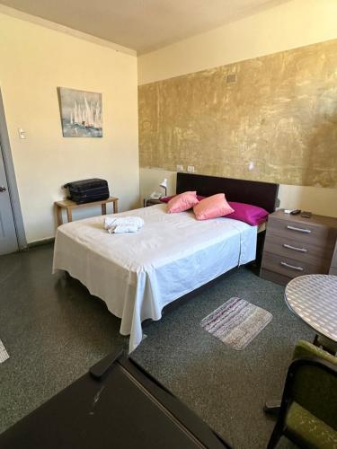 塔拉拉HOSTAL LAS GARZAS的一间卧室配有带粉红色枕头的床。