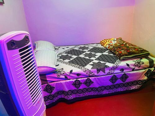 马迪凯里Coorg Green Moon的紫色的客房配有一张床和风扇