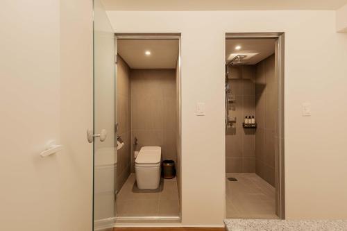 首尔Luxury hanok with private bathtub -SN15的一间带卫生间和步入式淋浴间的浴室