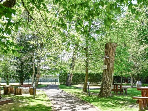枫丹白露Mercure Château de Fontainebleau的公园里设有桌子和长椅,树木林立