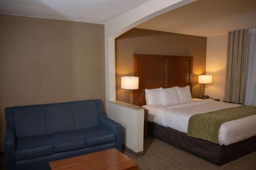 伊利伊利康福特茵酒店的酒店客房,配有一张床和一张蓝色椅子