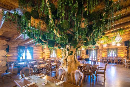 Lunca CetăţuiiHANU VISOIANU的餐厅的一棵大树,配有桌椅