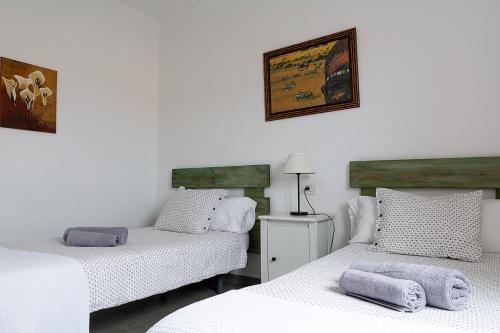 Caleta de Caballo帕拉伊索恩兰萨罗特公寓的白色墙壁客房中的两张单人床