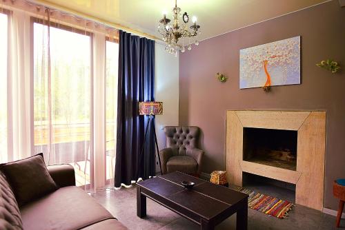 博尔若米Chalet Resort Weekend Borjomi的带沙发和壁炉的客厅