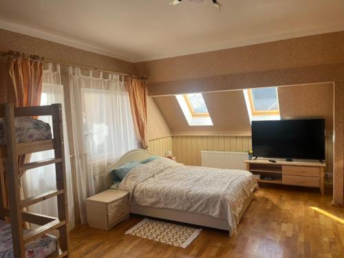 萨拉茨格里瓦Family House Apartments的一间卧室配有一张床和一台平面电视