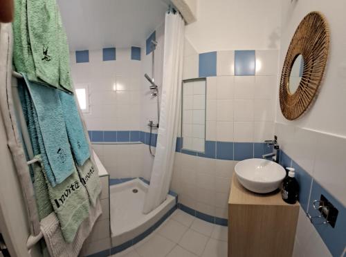 圣吉尔Maison centre Historique - LSM30Conciergerie-的蓝色和白色的浴室设有水槽和淋浴