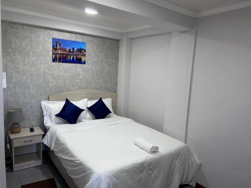 卡特勒博尔纳Le palbot的一间卧室配有白色床和蓝色枕头