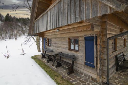 波希基斯卡贝拉Chalet Kupljenik Near Bled Lake的小木屋设有长凳和蓝色门