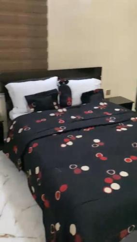 阿布贾LA VIVA AIRBNB的一张带黑色毯子的床,上面有红心