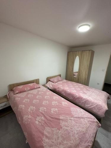 汉诺威Charmante 2 Zimmer Souterrain的卧室内的两张床,配有粉红色的毯子和镜子