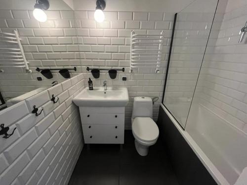 克罗斯诺Apartament Śródmieście Krosno的白色的浴室设有卫生间和水槽。