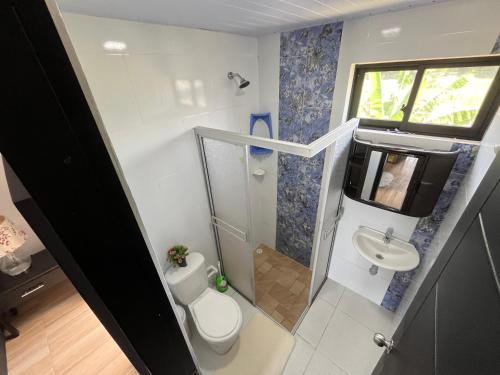 莱蒂西亚Rio Aparta-Hotel 4的一间带卫生间和水槽的小浴室