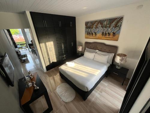 莱蒂西亚Rio Aparta-Hotel 4的卧室配有一张床,墙上挂有绘画作品