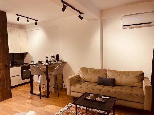 普里什蒂纳Central Apartment Prishtina的客厅配有沙发和桌子