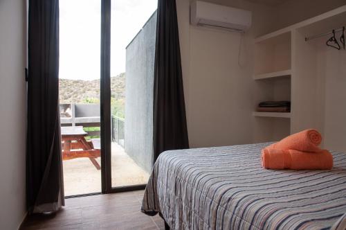 格兰德山谷Jardines del Atuel的一间卧室配有一张床,设有通往阳台的开放式门