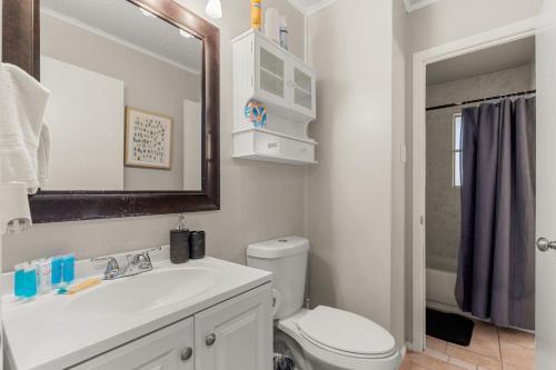 圣安东尼奥Cozy 3 bedroom with HOT TUB 2 min away from lackland的一间带水槽、卫生间和镜子的浴室