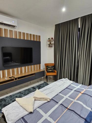阿克拉Modern & Spacious Studio in Cantonment, Accra的一间卧室配有一张床和一台平面电视